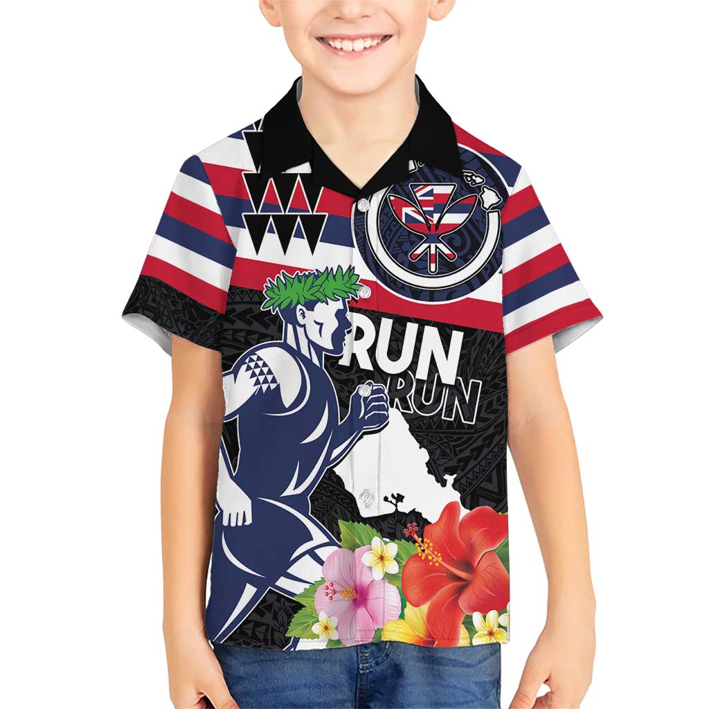 Honolulu Running Race Family Matching Short Sleeve Bodycon Dress and Hawaiian Shirt Hawaii Marathon Kakau Art with Hibiscus and National Flag Style LT03 Son's Shirt Blue and White - Polynesian Pride