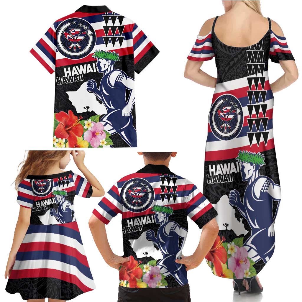 Honolulu Running Race Family Matching Summer Maxi Dress and Hawaiian Shirt Hawaii Marathon Kakau Art with Hibiscus and National Flag Style LT03 - Polynesian Pride