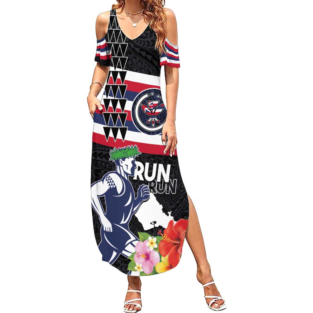 Honolulu Running Race Family Matching Summer Maxi Dress and Hawaiian Shirt Hawaii Marathon Kakau Art with Hibiscus and National Flag Style LT03 Mom's Dress Blue and White - Polynesian Pride