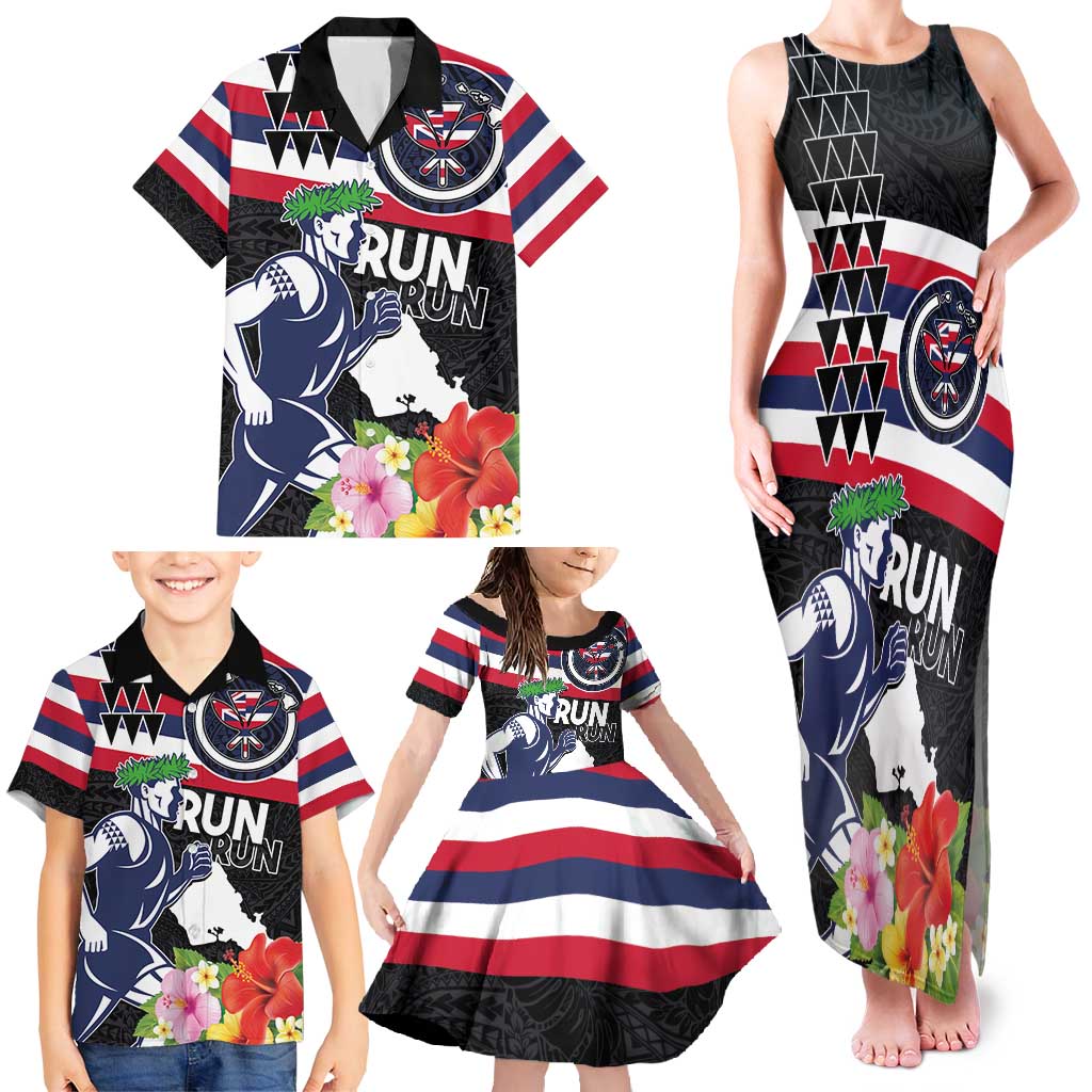Honolulu Running Race Family Matching Tank Maxi Dress and Hawaiian Shirt Hawaii Marathon Kakau Art with Hibiscus and National Flag Style LT03 - Polynesian Pride