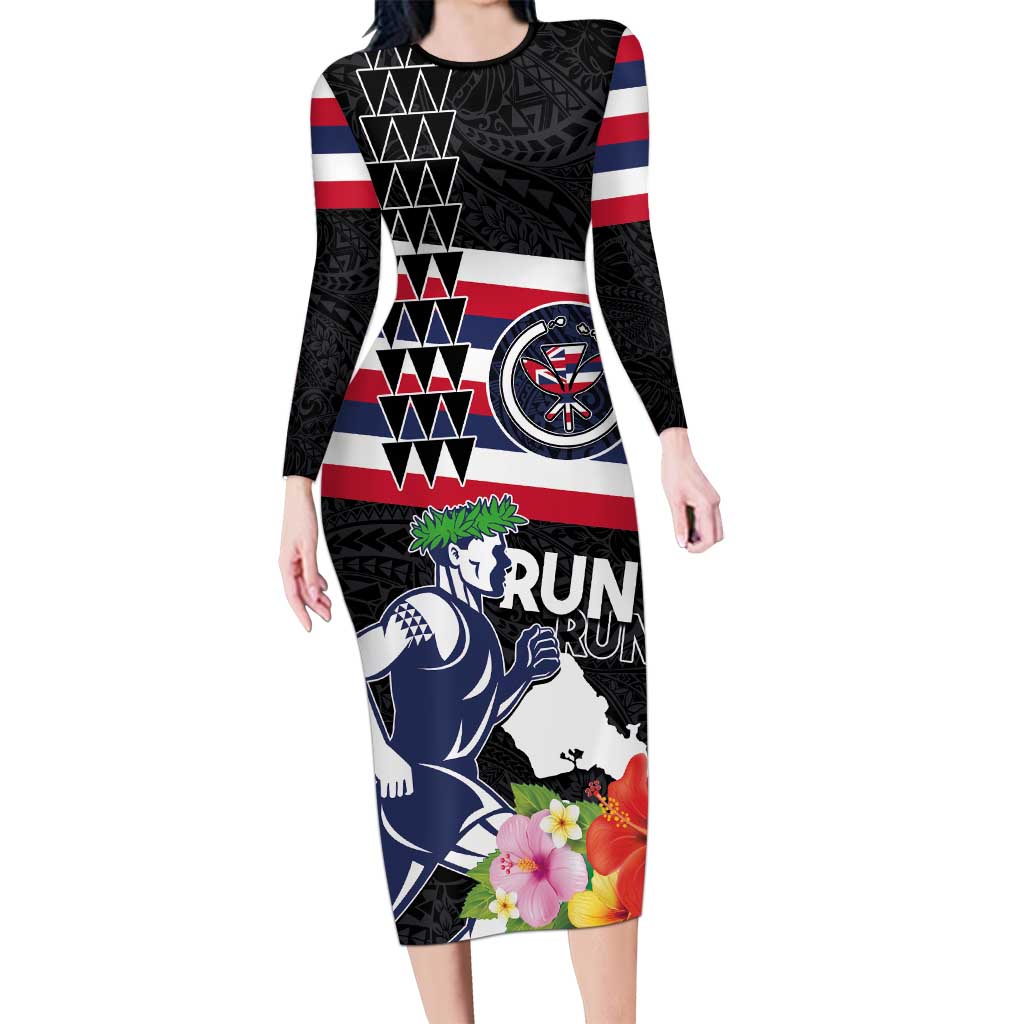 Honolulu Running Race Long Sleeve Bodycon Dress Hawaii Marathon Kakau Art with Hibiscus and National Flag Style LT03 Long Dress Blue and White - Polynesian Pride