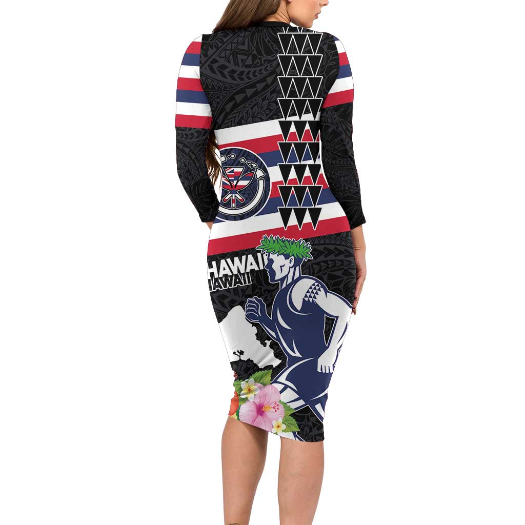 Honolulu Running Race Long Sleeve Bodycon Dress Hawaii Marathon Kakau Art with Hibiscus and National Flag Style LT03 - Polynesian Pride