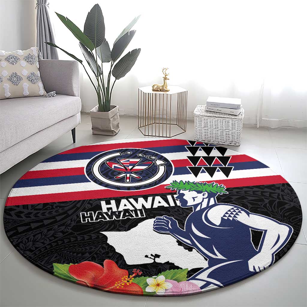 Honolulu Running Race Round Carpet Hawaii Marathon Kakau Art with Hibiscus and National Flag Style LT03 - Polynesian Pride