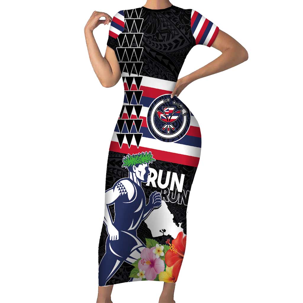 Honolulu Running Race Short Sleeve Bodycon Dress Hawaii Marathon Kakau Art with Hibiscus and National Flag Style LT03 Long Dress Blue and White - Polynesian Pride