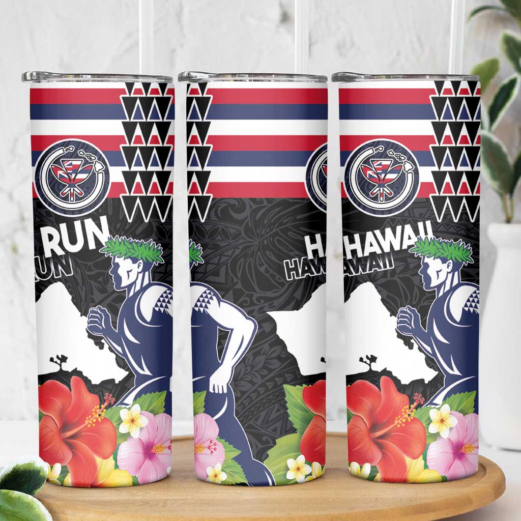 Honolulu Running Race Skinny Tumbler Hawaii Marathon Kakau Art with Hibiscus and National Flag Style LT03 - Polynesian Pride