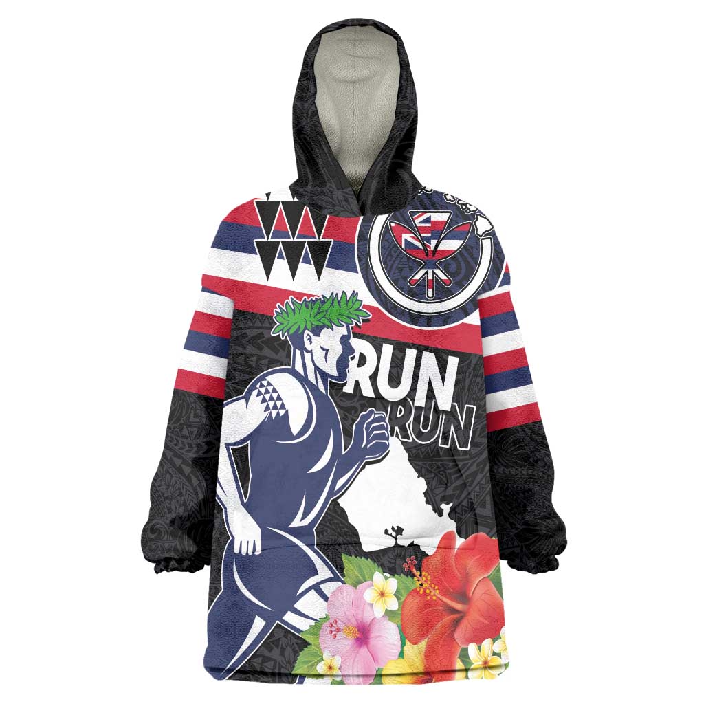 Honolulu Running Race Wearable Blanket Hoodie Hawaii Marathon Kakau Art with Hibiscus and National Flag Style LT03 One Size Blue and White - Polynesian Pride
