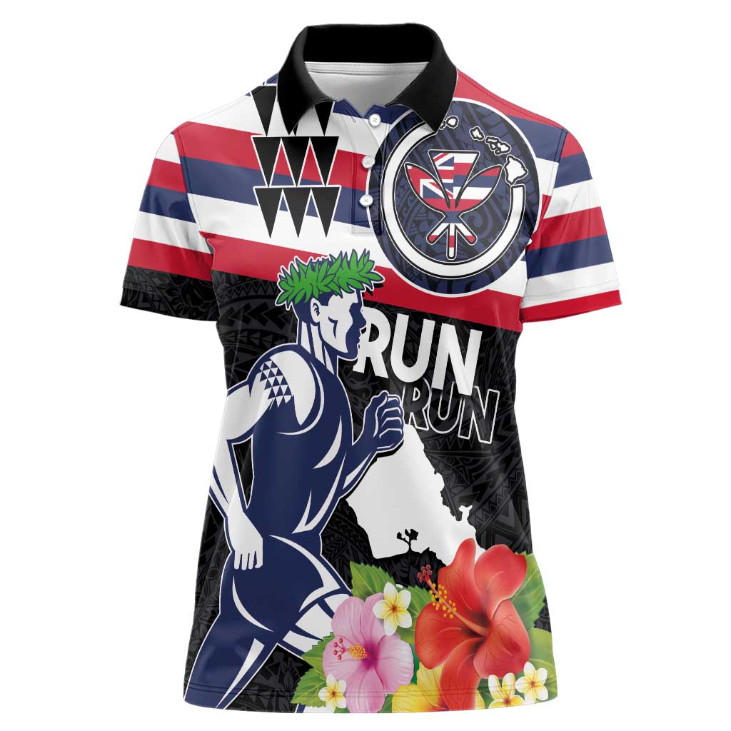 Honolulu Running Race Women Polo Shirt Hawaii Marathon Kakau Art with Hibiscus and National Flag Style LT03 Female Blue and White - Polynesian Pride