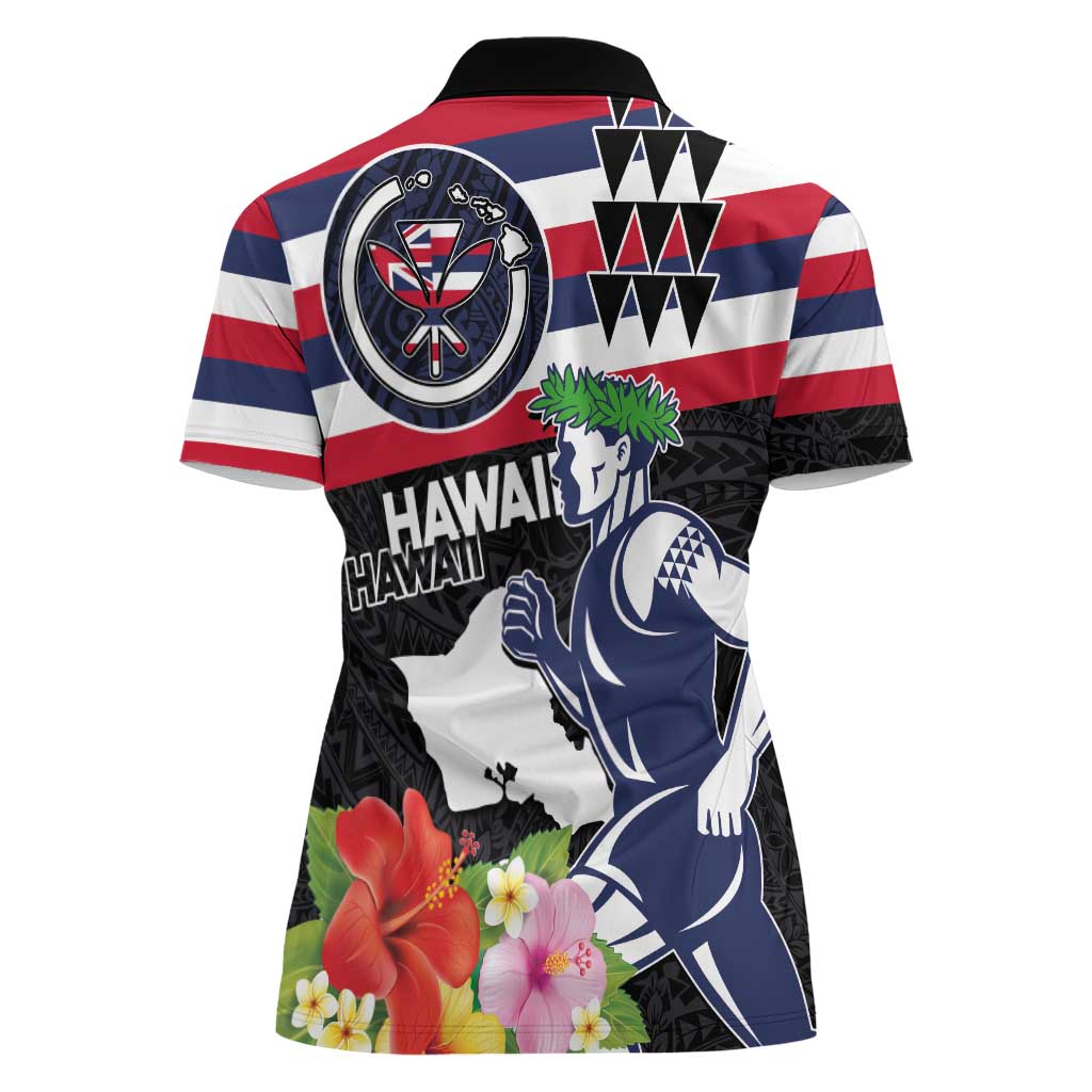 Honolulu Running Race Women Polo Shirt Hawaii Marathon Kakau Art with Hibiscus and National Flag Style LT03 - Polynesian Pride