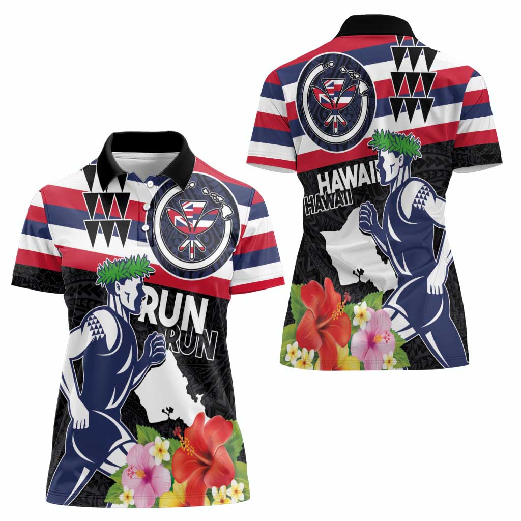 Honolulu Running Race Women Polo Shirt Hawaii Marathon Kakau Art with Hibiscus and National Flag Style LT03 - Polynesian Pride