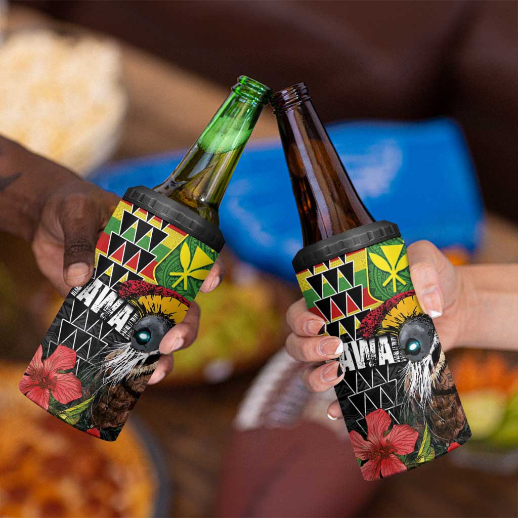 Kanaka Maoli Ikaika Warrior 4 in 1 Can Cooler Tumbler Hibiscus Kakau Art and Tapa Tribal Pattern