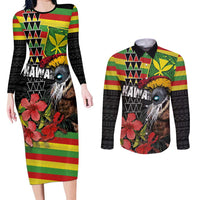 Kanaka Maoli Ikaika Warrior Couples Matching Long Sleeve Bodycon Dress and Long Sleeve Button Shirt Hibiscus Kakau Art and Tapa Tribal Pattern LT03 Black - Polynesian Pride