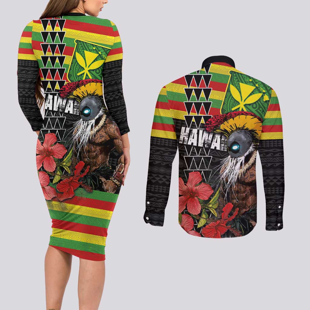 Kanaka Maoli Ikaika Warrior Couples Matching Long Sleeve Bodycon Dress and Long Sleeve Button Shirt Hibiscus Kakau Art and Tapa Tribal Pattern LT03 - Polynesian Pride