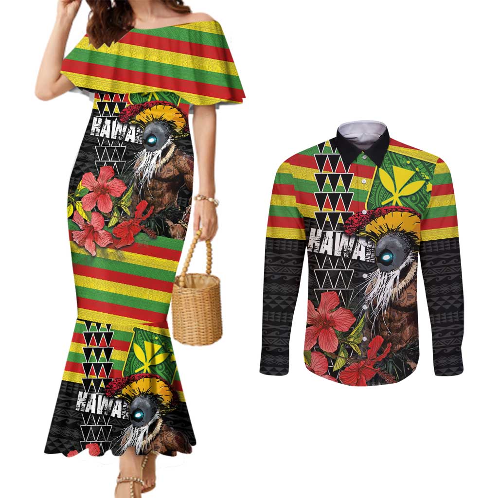 Kanaka Maoli Ikaika Warrior Couples Matching Mermaid Dress and Long Sleeve Button Shirt Hibiscus Kakau Art and Tapa Tribal Pattern