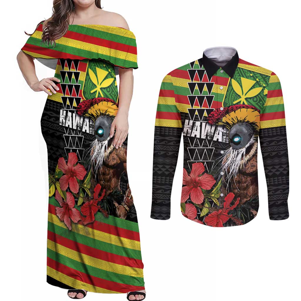 Kanaka Maoli Ikaika Warrior Couples Matching Off Shoulder Maxi Dress and Long Sleeve Button Shirt Hibiscus Kakau Art and Tapa Tribal Pattern LT03 Black - Polynesian Pride