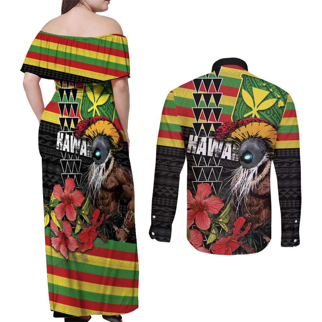 Kanaka Maoli Ikaika Warrior Couples Matching Off Shoulder Maxi Dress and Long Sleeve Button Shirt Hibiscus Kakau Art and Tapa Tribal Pattern LT03 - Polynesian Pride