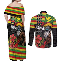 Kanaka Maoli Ikaika Warrior Couples Matching Off Shoulder Maxi Dress and Long Sleeve Button Shirt Hibiscus Kakau Art and Tapa Tribal Pattern LT03 - Polynesian Pride