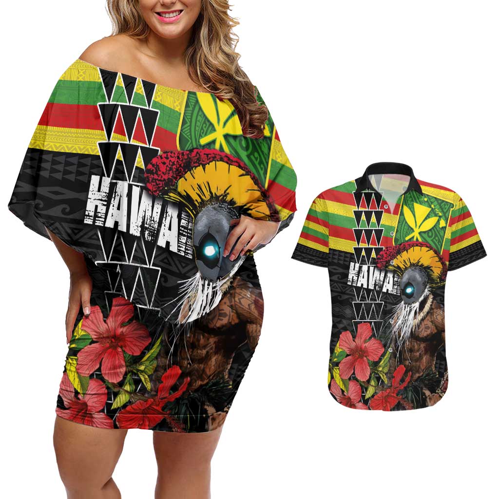 Kanaka Maoli Ikaika Warrior Couples Matching Off Shoulder Short Dress and Hawaiian Shirt Hibiscus Kakau Art and Tapa Tribal Pattern LT03 Black - Polynesian Pride