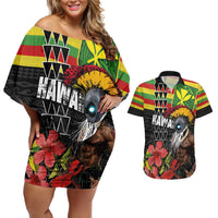 Kanaka Maoli Ikaika Warrior Couples Matching Off Shoulder Short Dress and Hawaiian Shirt Hibiscus Kakau Art and Tapa Tribal Pattern LT03 Black - Polynesian Pride