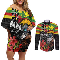 Kanaka Maoli Ikaika Warrior Couples Matching Off Shoulder Short Dress and Long Sleeve Button Shirt Hibiscus Kakau Art and Tapa Tribal Pattern LT03 Black - Polynesian Pride