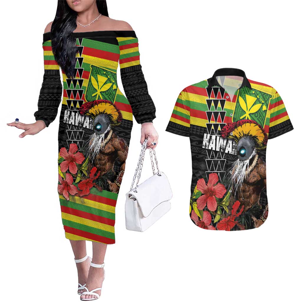 Kanaka Maoli Ikaika Warrior Couples Matching Off The Shoulder Long Sleeve Dress and Hawaiian Shirt Hibiscus Kakau Art and Tapa Tribal Pattern LT03 Black - Polynesian Pride