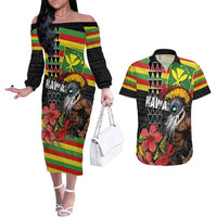 Kanaka Maoli Ikaika Warrior Couples Matching Off The Shoulder Long Sleeve Dress and Hawaiian Shirt Hibiscus Kakau Art and Tapa Tribal Pattern LT03 Black - Polynesian Pride