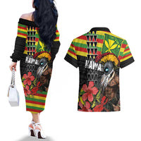 Kanaka Maoli Ikaika Warrior Couples Matching Off The Shoulder Long Sleeve Dress and Hawaiian Shirt Hibiscus Kakau Art and Tapa Tribal Pattern LT03 - Polynesian Pride
