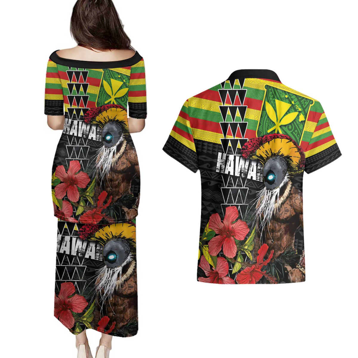 Kanaka Maoli Ikaika Warrior Couples Matching Puletasi and Hawaiian Shirt Hibiscus Kakau Art and Tapa Tribal Pattern LT03 - Polynesian Pride
