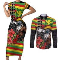 Kanaka Maoli Ikaika Warrior Couples Matching Short Sleeve Bodycon Dress and Long Sleeve Button Shirt Hibiscus Kakau Art and Tapa Tribal Pattern LT03 Black - Polynesian Pride