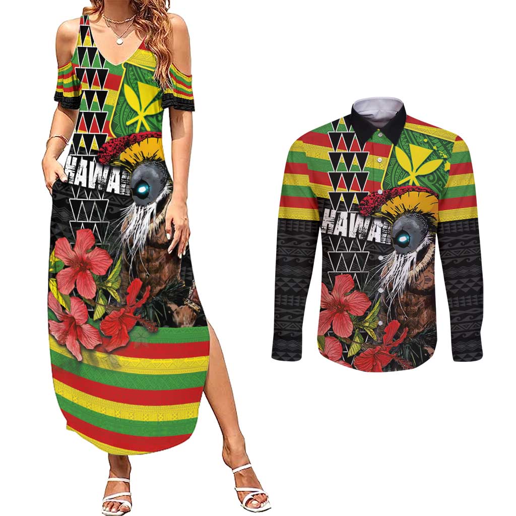 Kanaka Maoli Ikaika Warrior Couples Matching Summer Maxi Dress and Long Sleeve Button Shirt Hibiscus Kakau Art and Tapa Tribal Pattern LT03 Black - Polynesian Pride