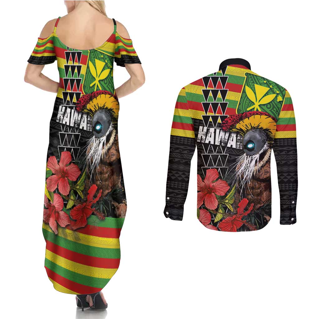 Kanaka Maoli Ikaika Warrior Couples Matching Summer Maxi Dress and Long Sleeve Button Shirt Hibiscus Kakau Art and Tapa Tribal Pattern LT03 - Polynesian Pride