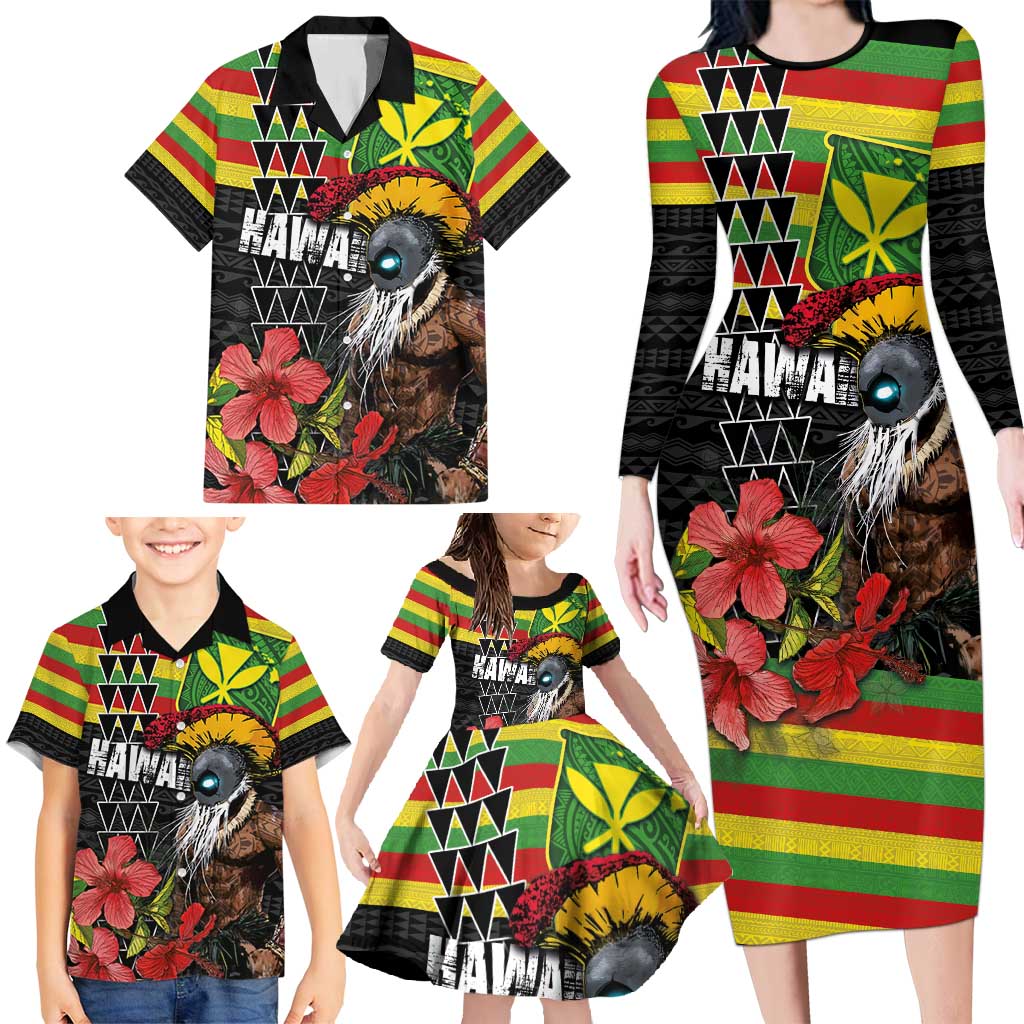 Kanaka Maoli Ikaika Warrior Family Matching Long Sleeve Bodycon Dress and Hawaiian Shirt Hibiscus Kakau Art and Tapa Tribal Pattern LT03 - Polynesian Pride