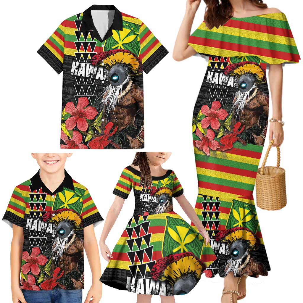 Kanaka Maoli Ikaika Warrior Family Matching Mermaid Dress and Hawaiian Shirt Hibiscus Kakau Art and Tapa Tribal Pattern LT03 - Polynesian Pride