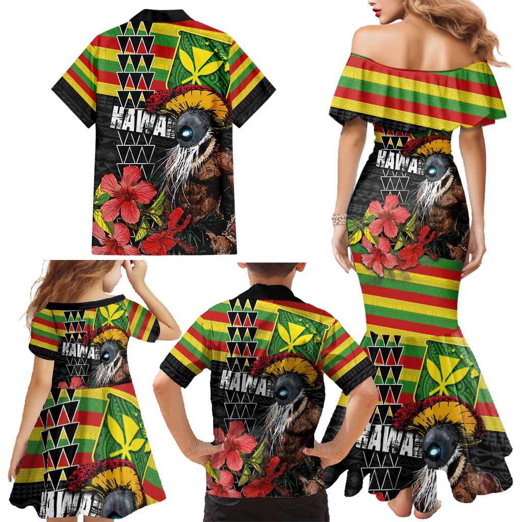 Kanaka Maoli Ikaika Warrior Family Matching Mermaid Dress and Hawaiian Shirt Hibiscus Kakau Art and Tapa Tribal Pattern LT03 - Polynesian Pride