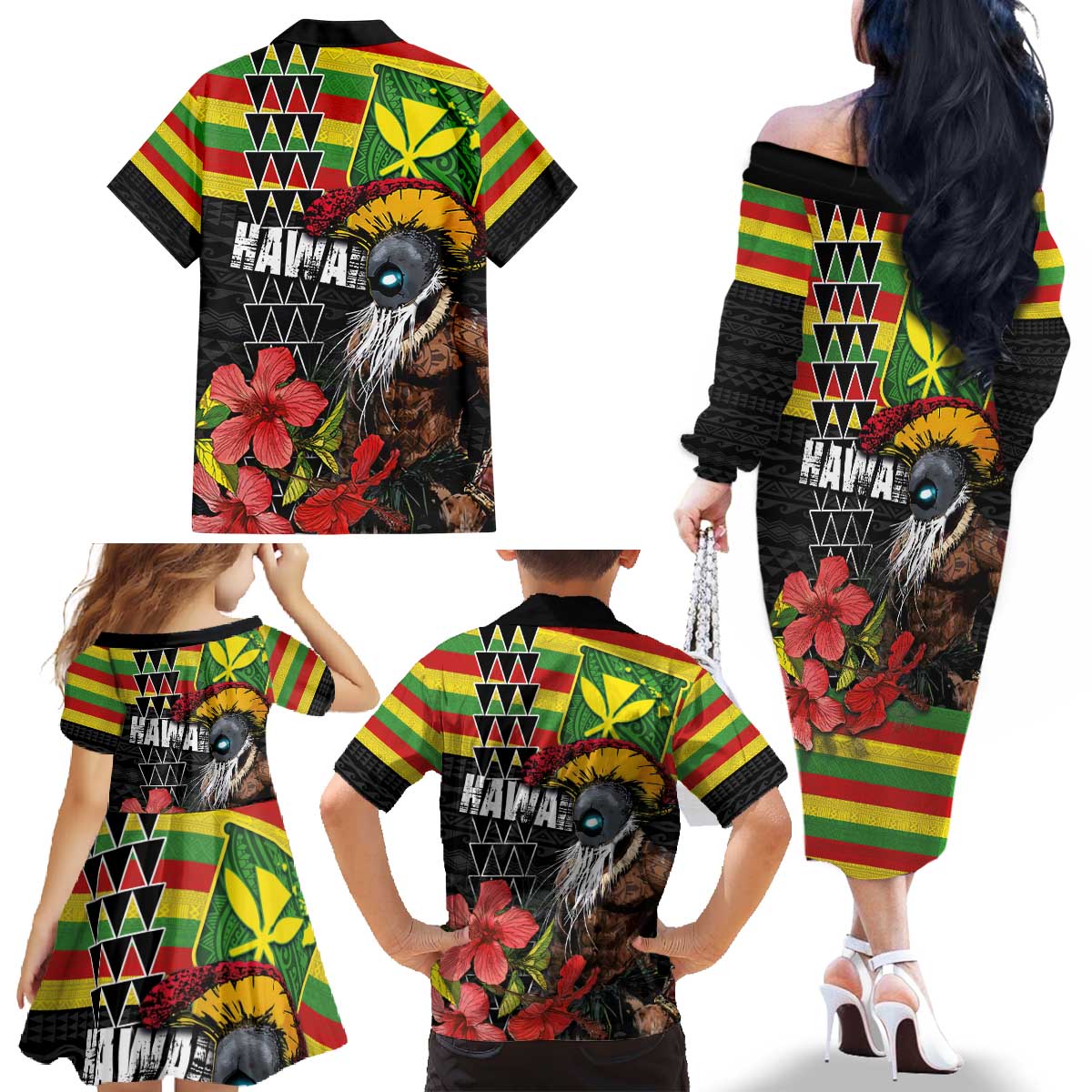 Kanaka Maoli Ikaika Warrior Family Matching Off The Shoulder Long Sleeve Dress and Hawaiian Shirt Hibiscus Kakau Art and Tapa Tribal Pattern LT03 - Polynesian Pride