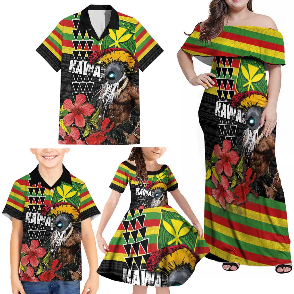Kanaka Maoli Ikaika Warrior Family Matching Off Shoulder Maxi Dress and Hawaiian Shirt Hibiscus Kakau Art and Tapa Tribal Pattern LT03 - Polynesian Pride