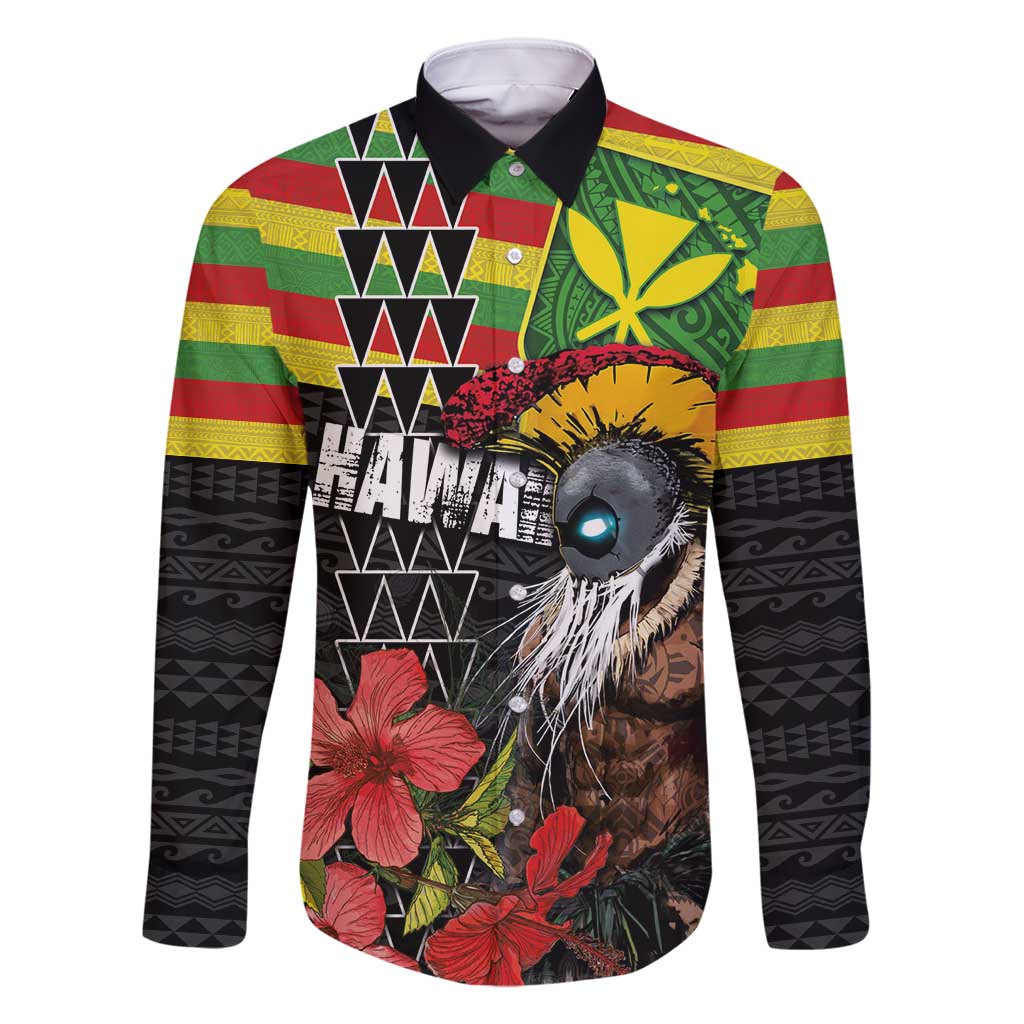 Kanaka Maoli Ikaika Warrior Family Matching Off Shoulder Maxi Dress and Hawaiian Shirt Hibiscus Kakau Art and Tapa Tribal Pattern LT03 Dad's Shirt - Long Sleeve Black - Polynesian Pride