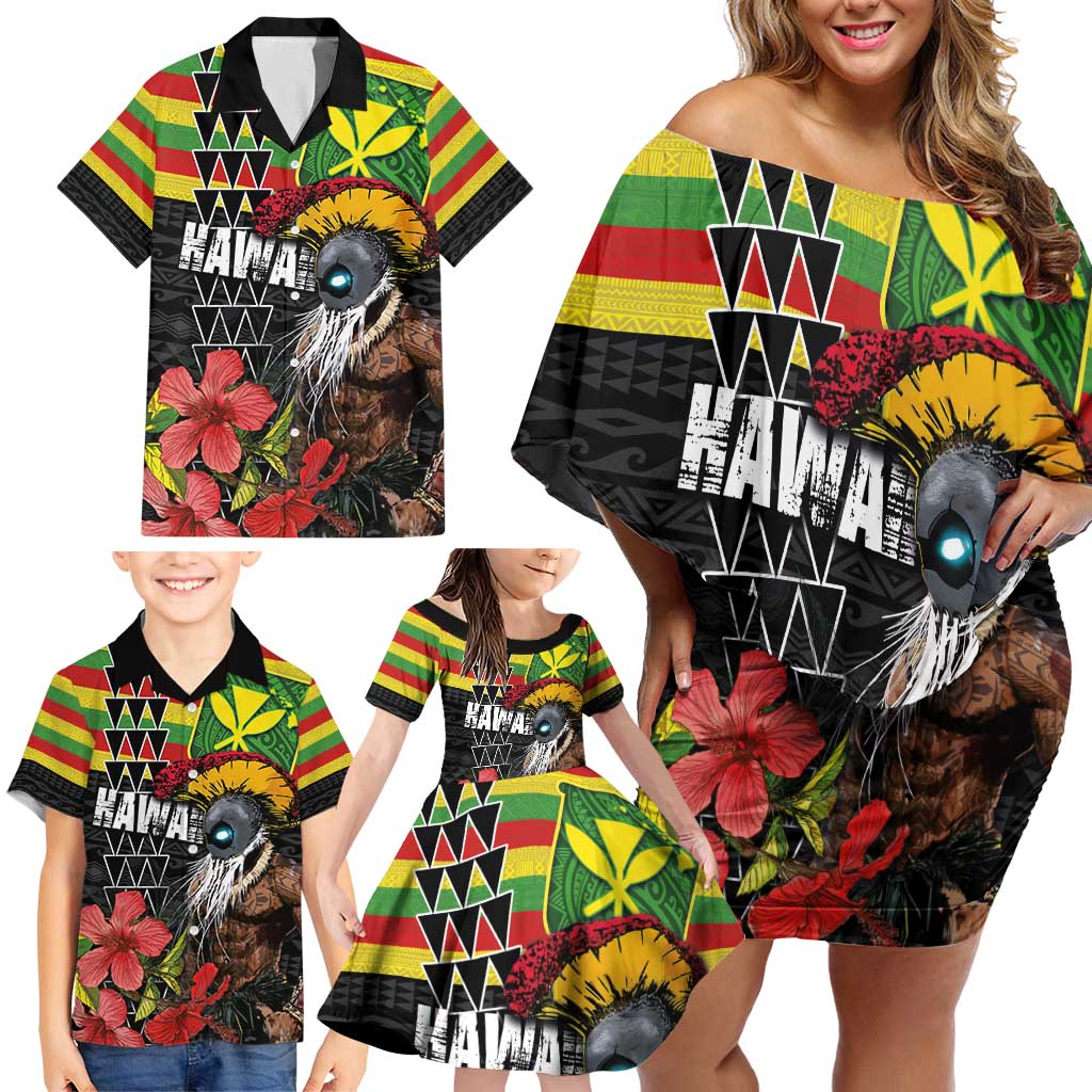 Kanaka Maoli Ikaika Warrior Family Matching Off Shoulder Short Dress and Hawaiian Shirt Hibiscus Kakau Art and Tapa Tribal Pattern LT03 - Polynesian Pride
