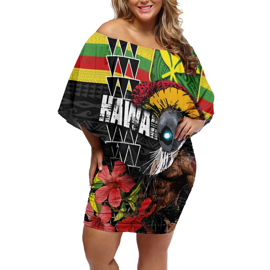 Kanaka Maoli Ikaika Warrior Family Matching Off Shoulder Short Dress and Hawaiian Shirt Hibiscus Kakau Art and Tapa Tribal Pattern LT03 Mom's Dress Black - Polynesian Pride