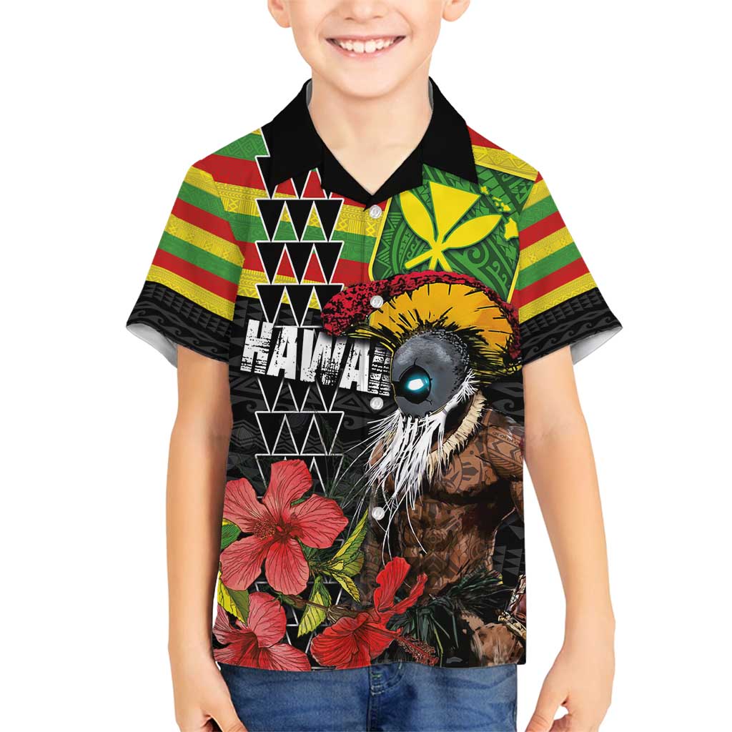 Kanaka Maoli Ikaika Warrior Family Matching Summer Maxi Dress and Hawaiian Shirt Hibiscus Kakau Art and Tapa Tribal Pattern LT03 Son's Shirt Black - Polynesian Pride