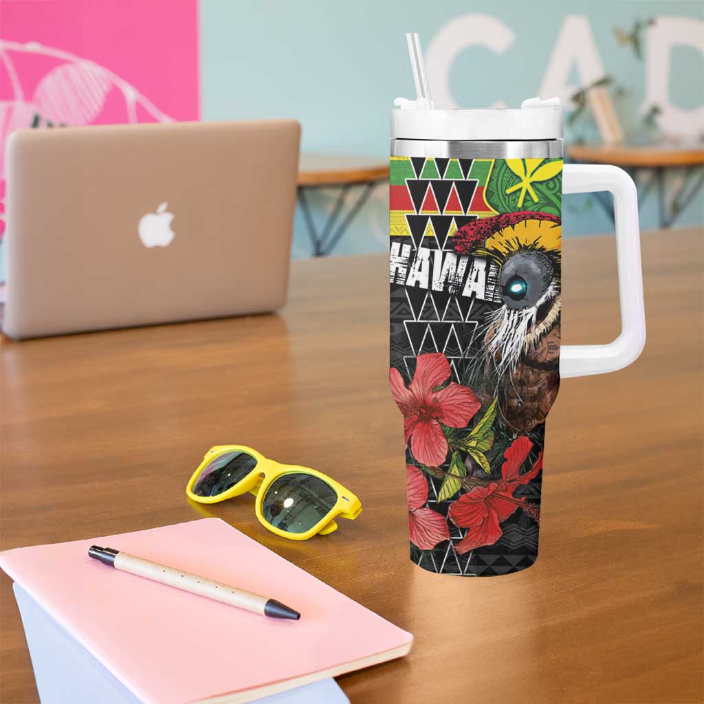 Kanaka Maoli Ikaika Warrior Tumbler With Handle Hibiscus Kakau Art and Tapa Tribal Pattern