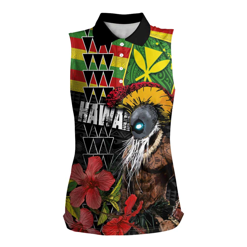 Kanaka Maoli Ikaika Warrior Women Sleeveless Polo Shirt Hibiscus Kakau Art and Tapa Tribal Pattern LT03 Female Black - Polynesian Pride