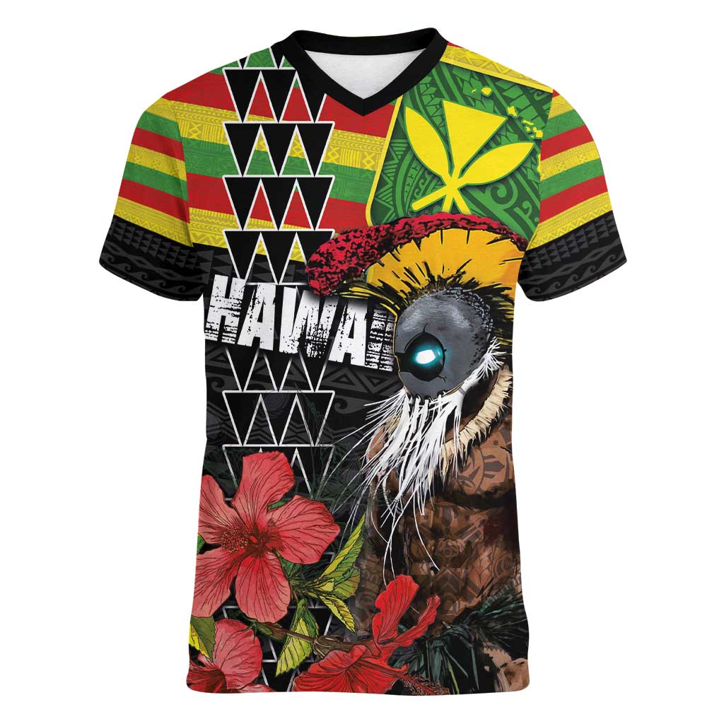 Kanaka Maoli Ikaika Warrior Women V-Neck T-Shirt Hibiscus Kakau Art and Tapa Tribal Pattern LT03 Female Black - Polynesian Pride