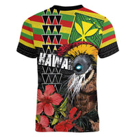 Kanaka Maoli Ikaika Warrior Women V-Neck T-Shirt Hibiscus Kakau Art and Tapa Tribal Pattern LT03 - Polynesian Pride