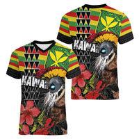 Kanaka Maoli Ikaika Warrior Women V-Neck T-Shirt Hibiscus Kakau Art and Tapa Tribal Pattern LT03 - Polynesian Pride