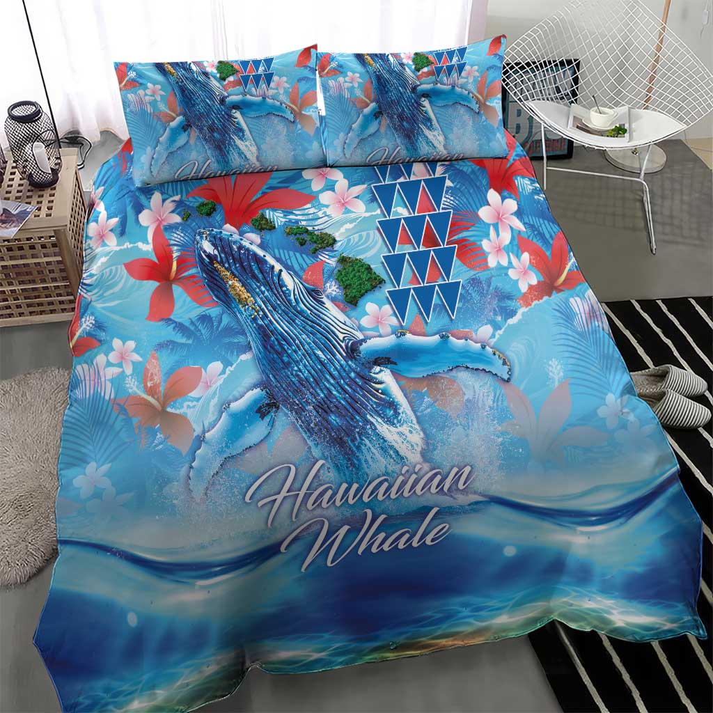 Hawaiian Waves Whale Bedding Set Kakau Art and Tropical Red Hibiscus Flowers