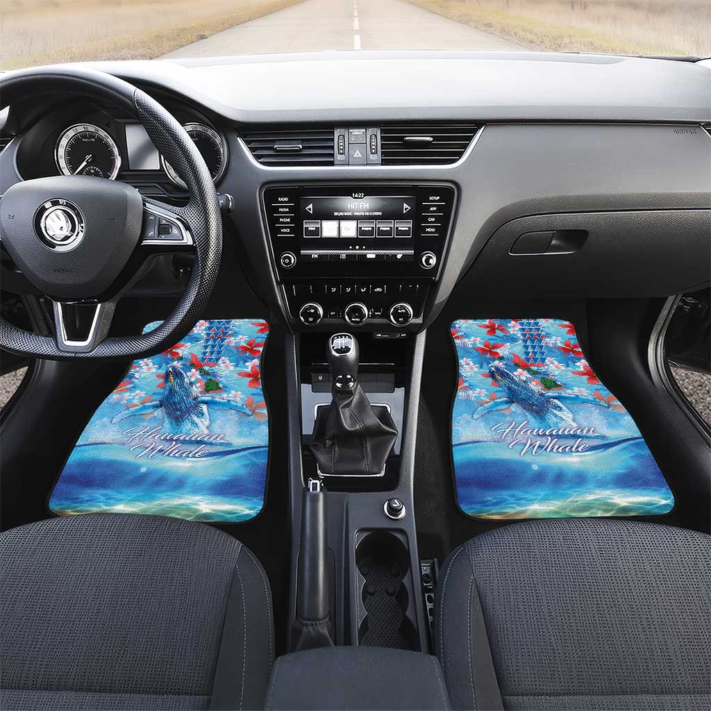 Hawaiian Waves Whale Car Mats Kakau Art and Tropical Red Hibiscus Flowers