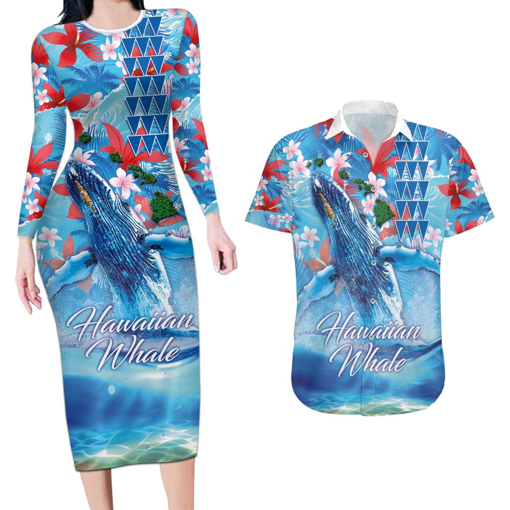 Hawaiian Waves Whale Couples Matching Long Sleeve Bodycon Dress and Hawaiian Shirt Kakau Art and Tropical Red Hibiscus Flowers LT03 Blue - Polynesian Pride