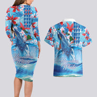 Hawaiian Waves Whale Couples Matching Long Sleeve Bodycon Dress and Hawaiian Shirt Kakau Art and Tropical Red Hibiscus Flowers LT03 - Polynesian Pride