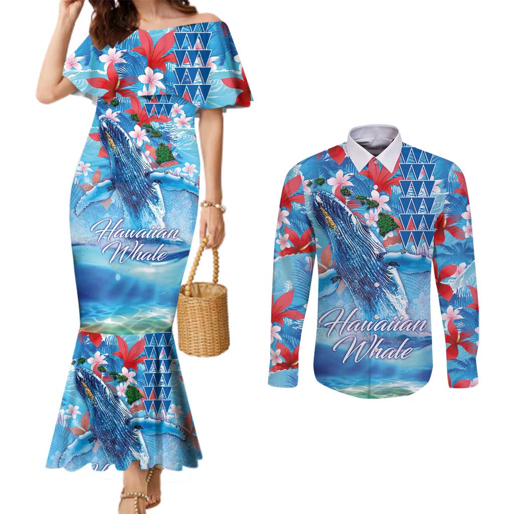 Hawaiian Waves Whale Couples Matching Mermaid Dress and Long Sleeve Button Shirt Kakau Art and Tropical Red Hibiscus Flowers