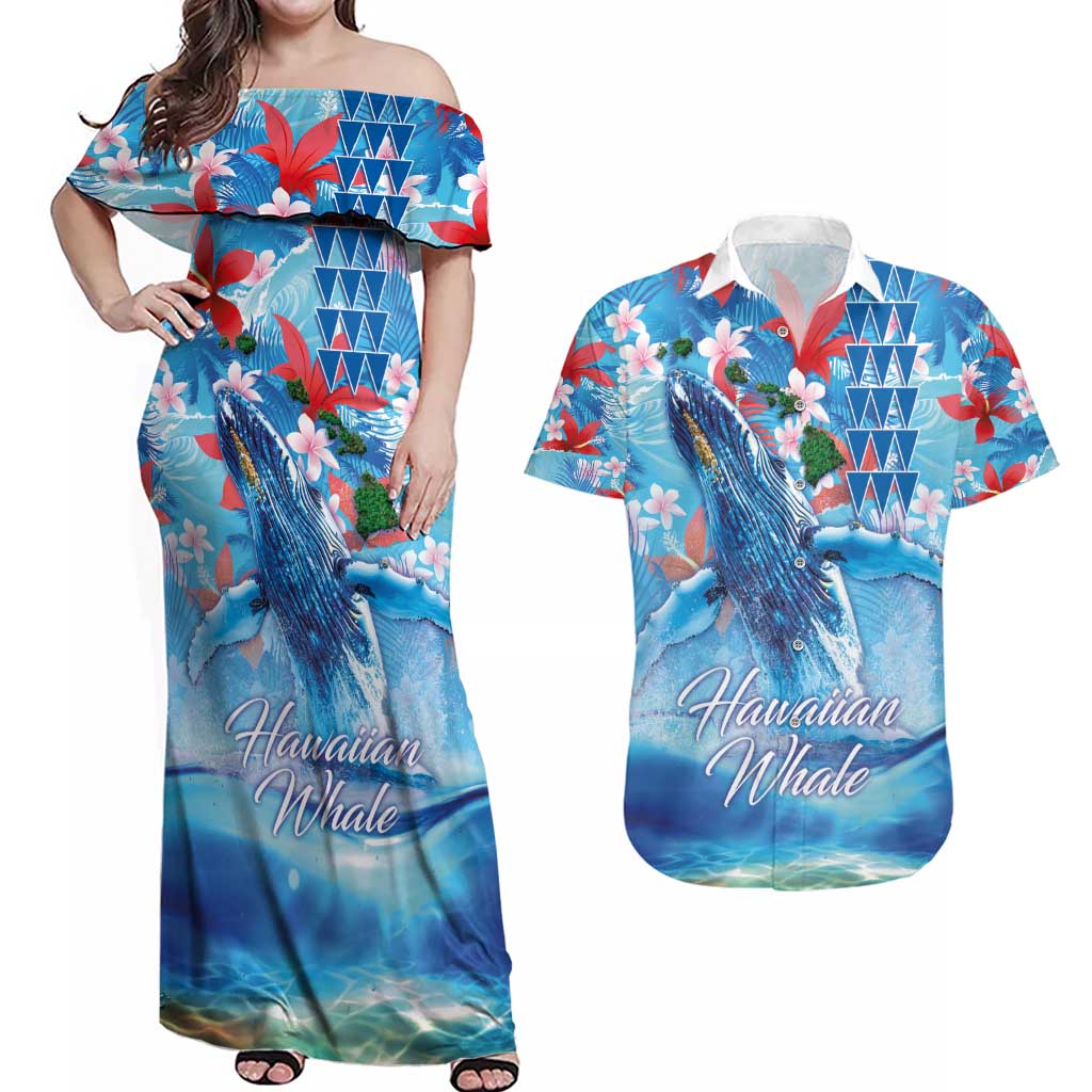 Hawaiian Waves Whale Couples Matching Off Shoulder Maxi Dress and Hawaiian Shirt Kakau Art and Tropical Red Hibiscus Flowers LT03 Blue - Polynesian Pride